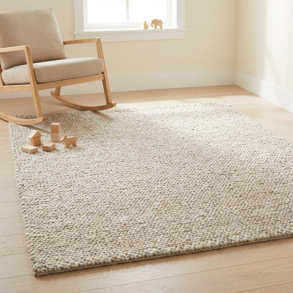 Chunky knit wool rug with thick, neutral wool loops and soft texture for cozy modern home décor