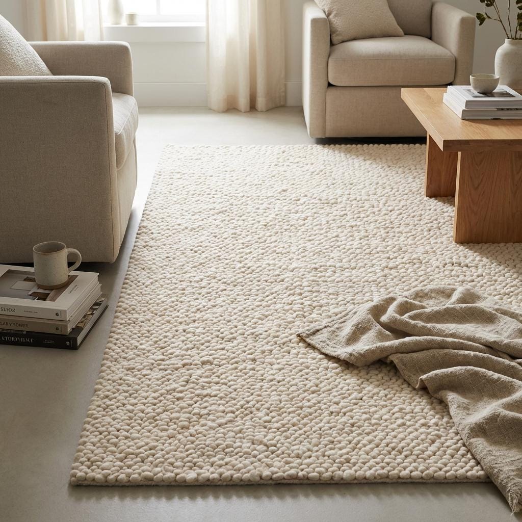 Handmade chunky knit wool rug in neutral ivory with thick textured loops, cozy Scandinavian style floor decor