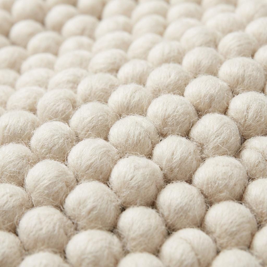 Handmade chunky knit wool rug with thick looped texture in neutral ivory, cozy Scandinavian minimalist floor design