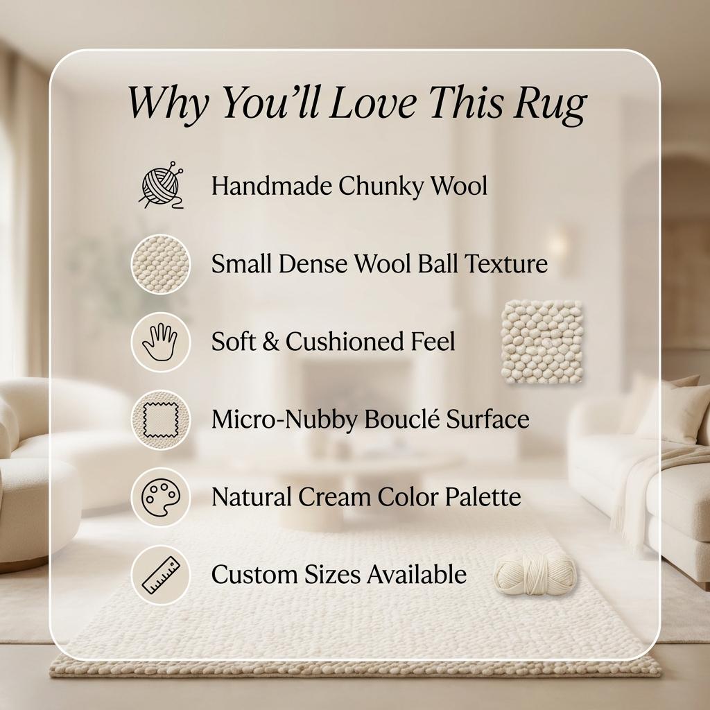 Handmade chunky knit wool rug in ivory with thick textured loops for cozy minimalist Scandinavian decor