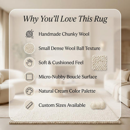 Handmade chunky knit wool rug in ivory with thick textured loops for cozy minimalist Scandinavian decor