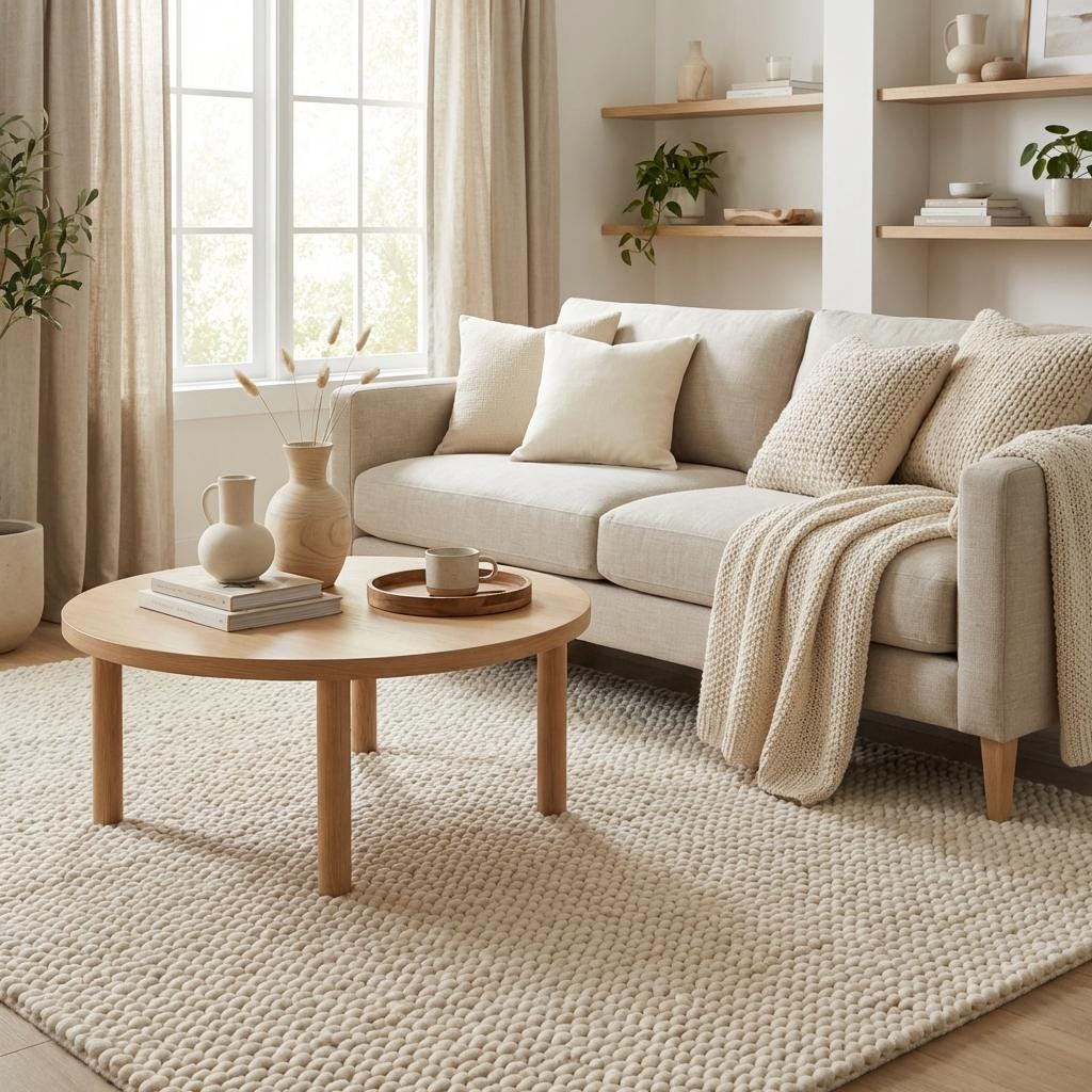 Handmade chunky knit wool rug in neutral ivory with thick looped texture for cozy Scandinavian style flooring