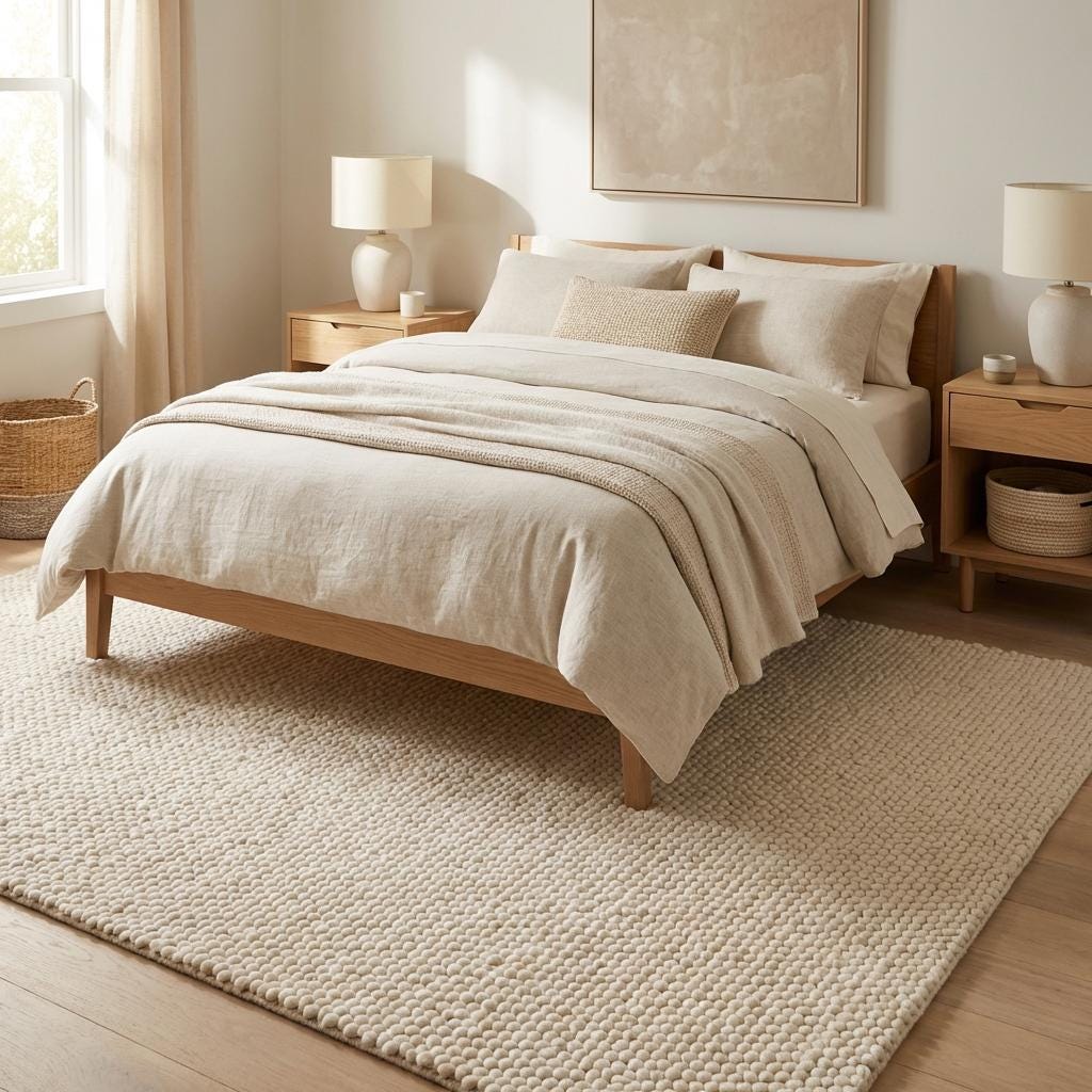 Handmade chunky knit wool rug with thick looped texture in neutral ivory for cozy minimalist Scandinavian décor