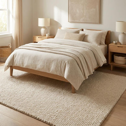 Handmade chunky knit wool rug with thick looped texture in neutral ivory for cozy minimalist Scandinavian décor