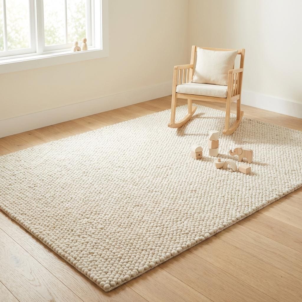 Handmade chunky knit wool rug with thick ivory loops, cozy and textured Scandinavian minimalist floor design
