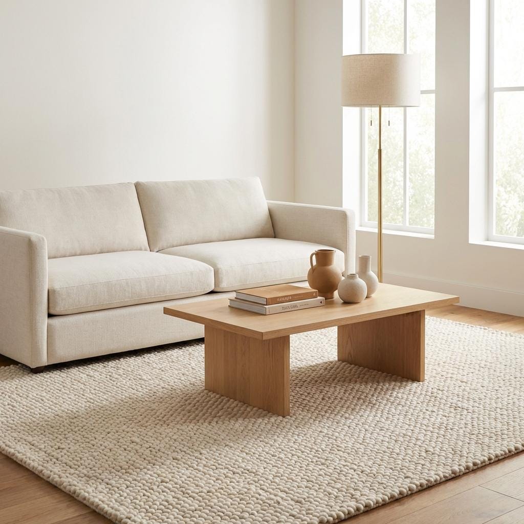 Handmade chunky knit wool rug in neutral ivory with thick textured loops, cozy Scandinavian design