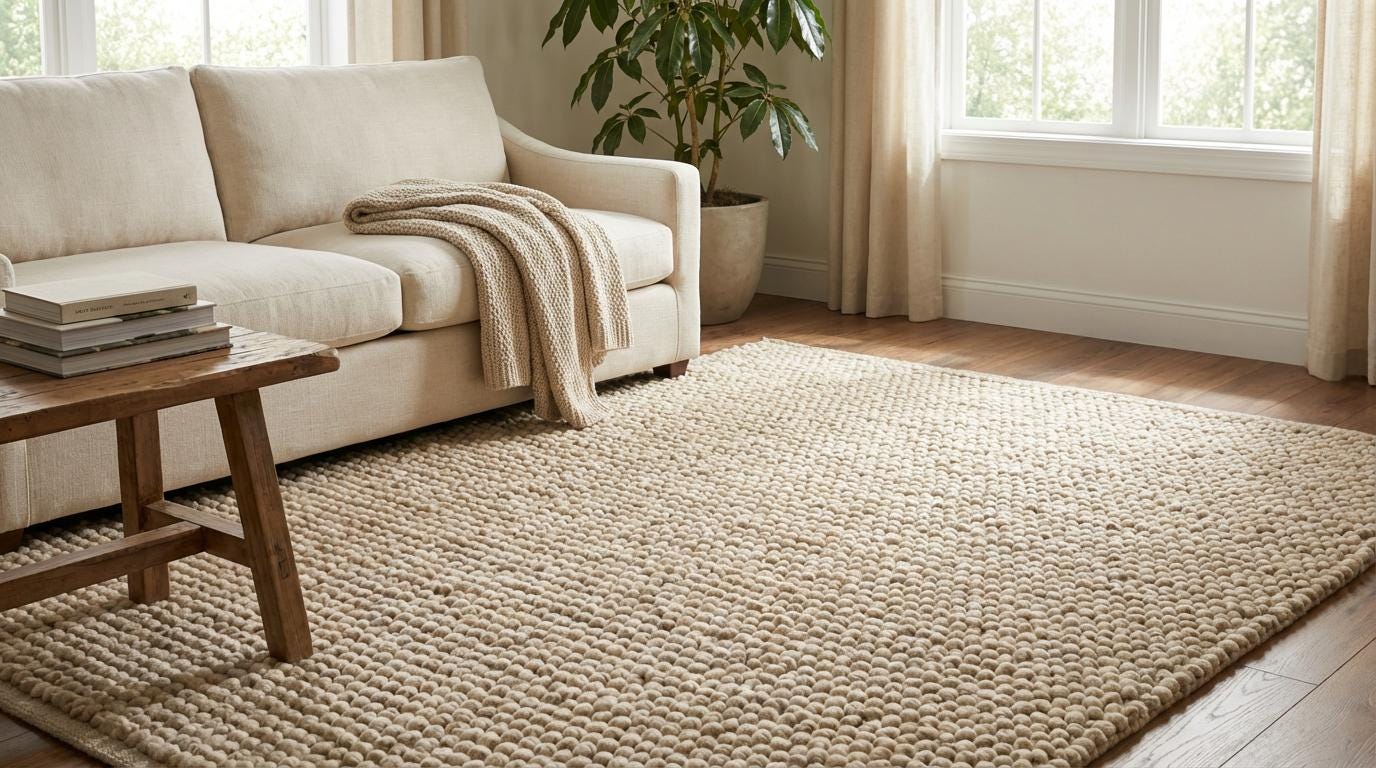 Chunky knit wool rug in cream beige with thick handmade textured loops for cozy home decor
