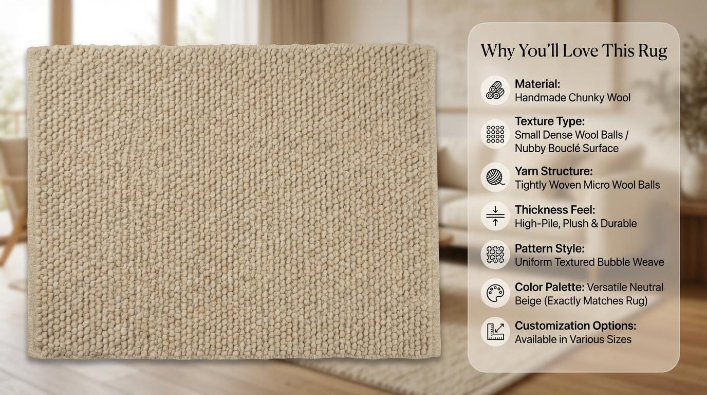 Chunky knit wool rug in cream beige with thick handmade textured loops for cozy home decor