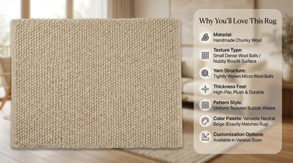 Chunky knit wool rug in cream beige with thick handmade textured loops for cozy home decor