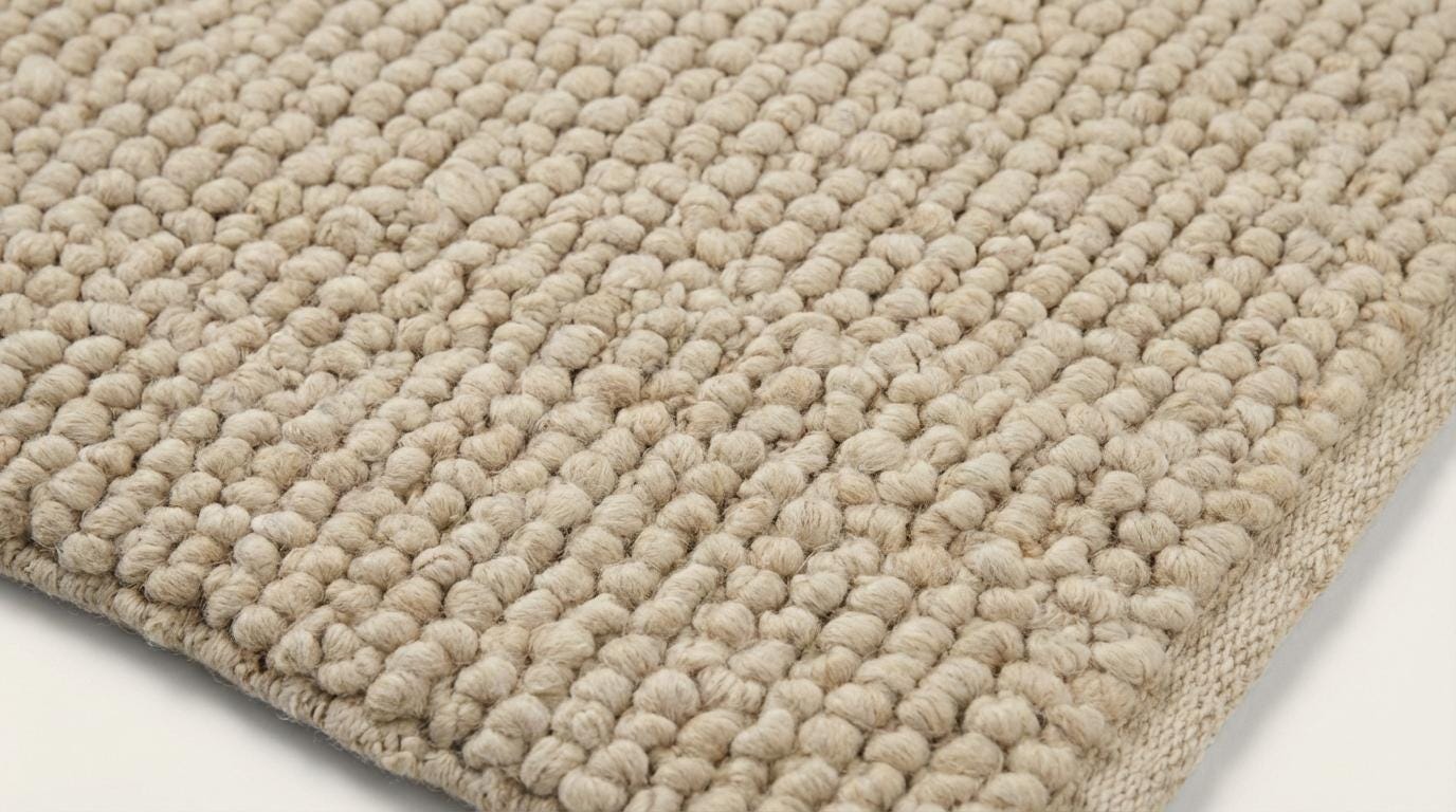Chunky knit wool rug in cream beige with thick handmade textured loops for cozy home decor