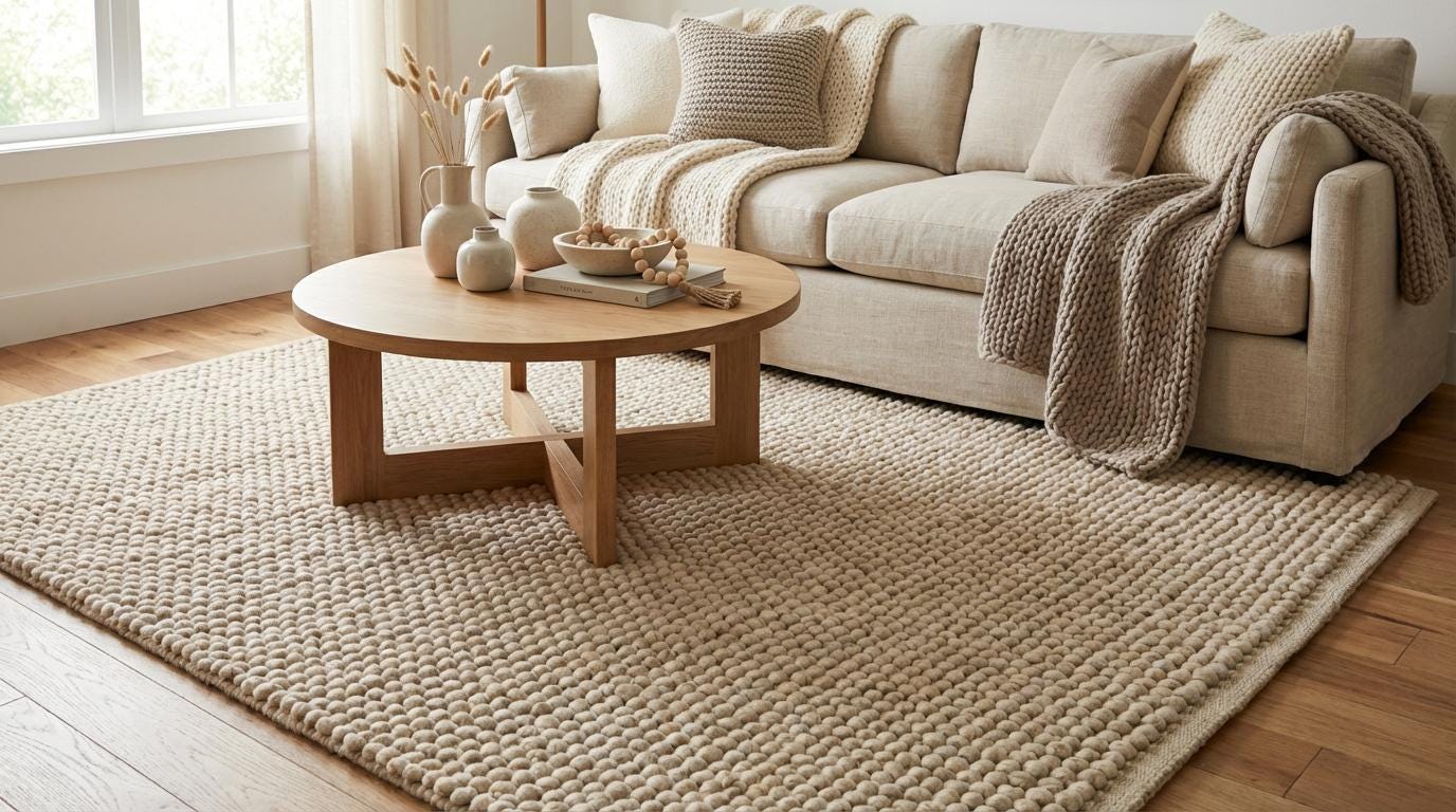 Chunky knit wool rug in cream beige with thick hand-knit textured loops for cozy home decor