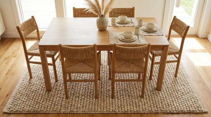 Chunky knit wool rug in cream beige with thick handmade textured loops for cozy home decor