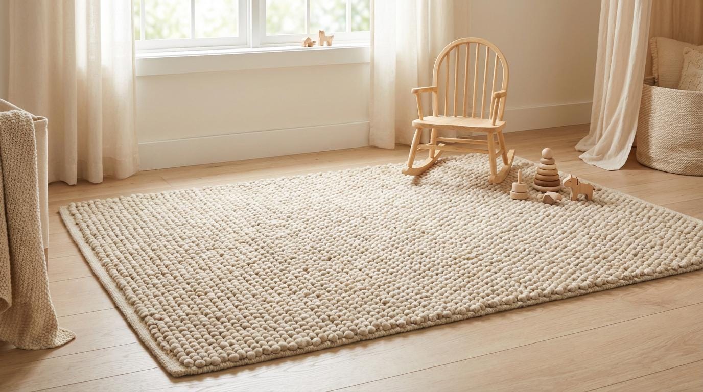 Chunky knit wool rug in cream beige with thick, hand-knit texture for cozy home decor