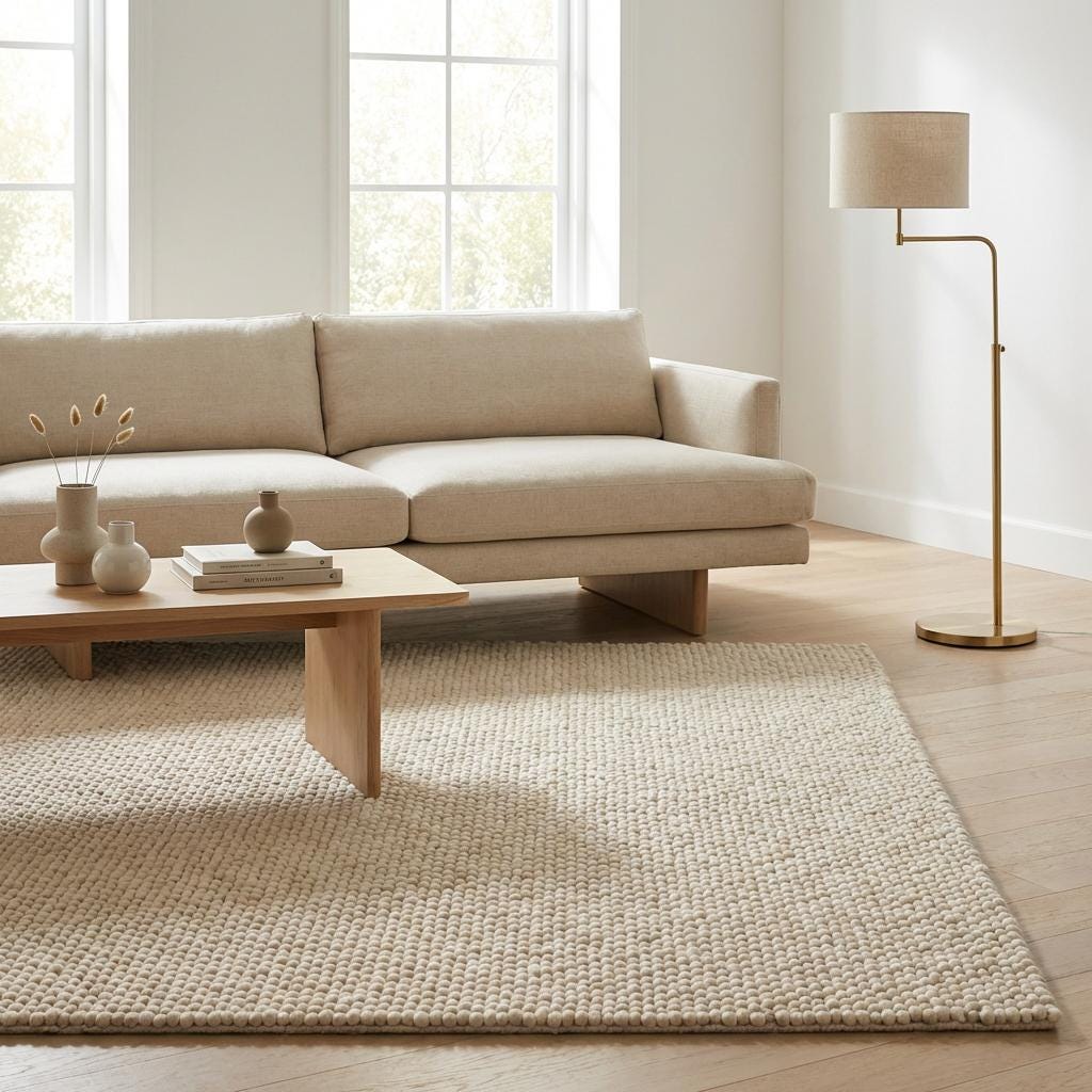 Chunky knit wool rug in ivory with thick handcrafted braided texture for cozy, neutral floor accent