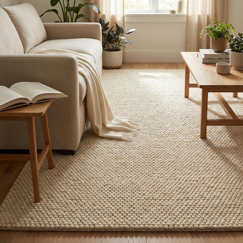 Chunky knit wool rug in ivory with thick braided loops and soft handcrafted texture