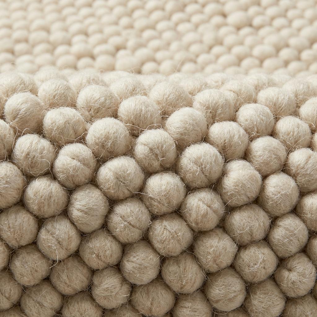 Chunky knit wool rug in ivory with thick braided texture and soft natural fibers for cozy neutral decor