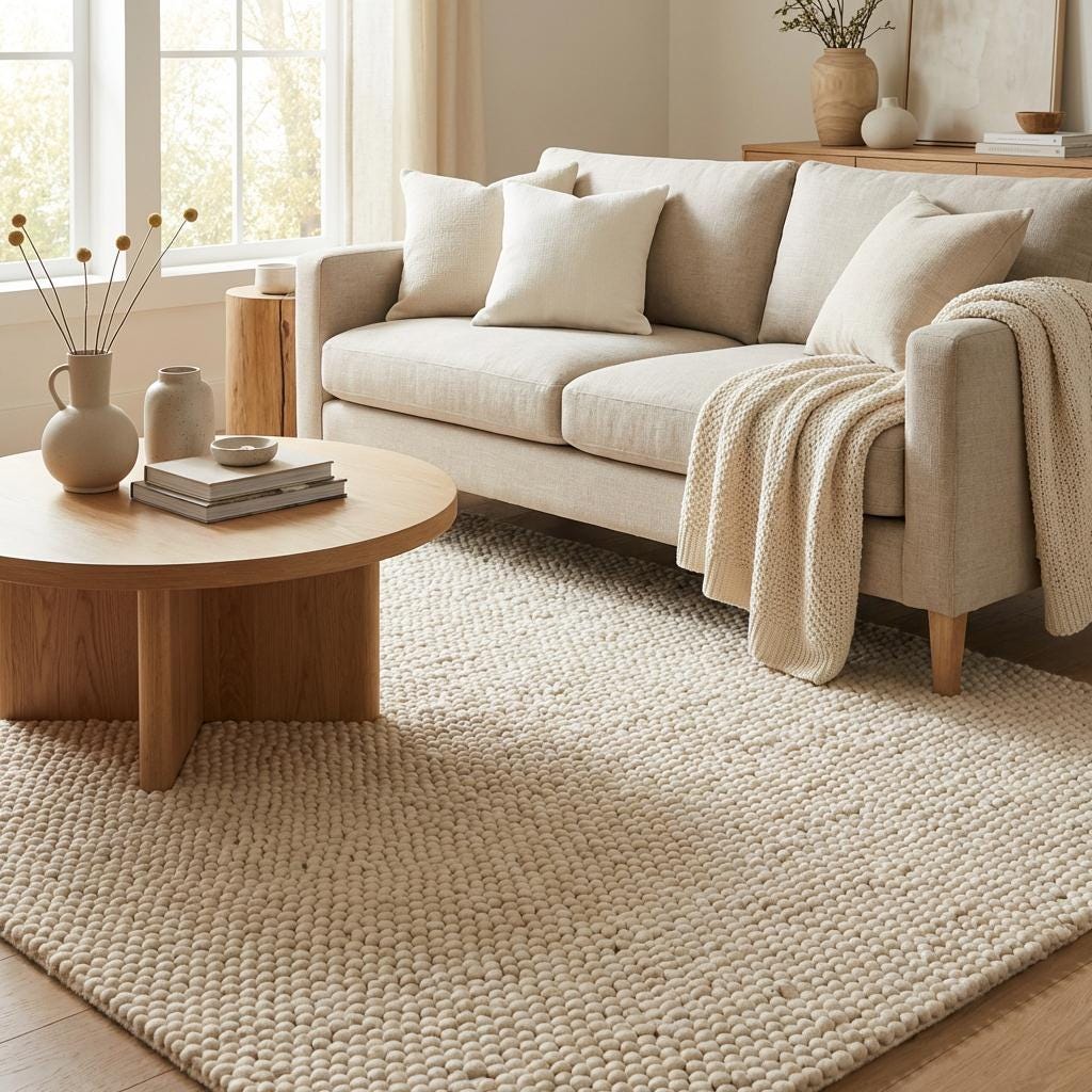 Ivory chunky knit wool rug with thick braided texture for cozy, handcrafted softness