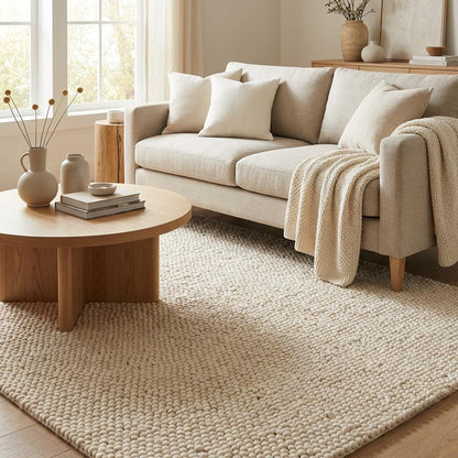 Ivory chunky knit wool rug with thick braided texture for cozy, handcrafted softness
