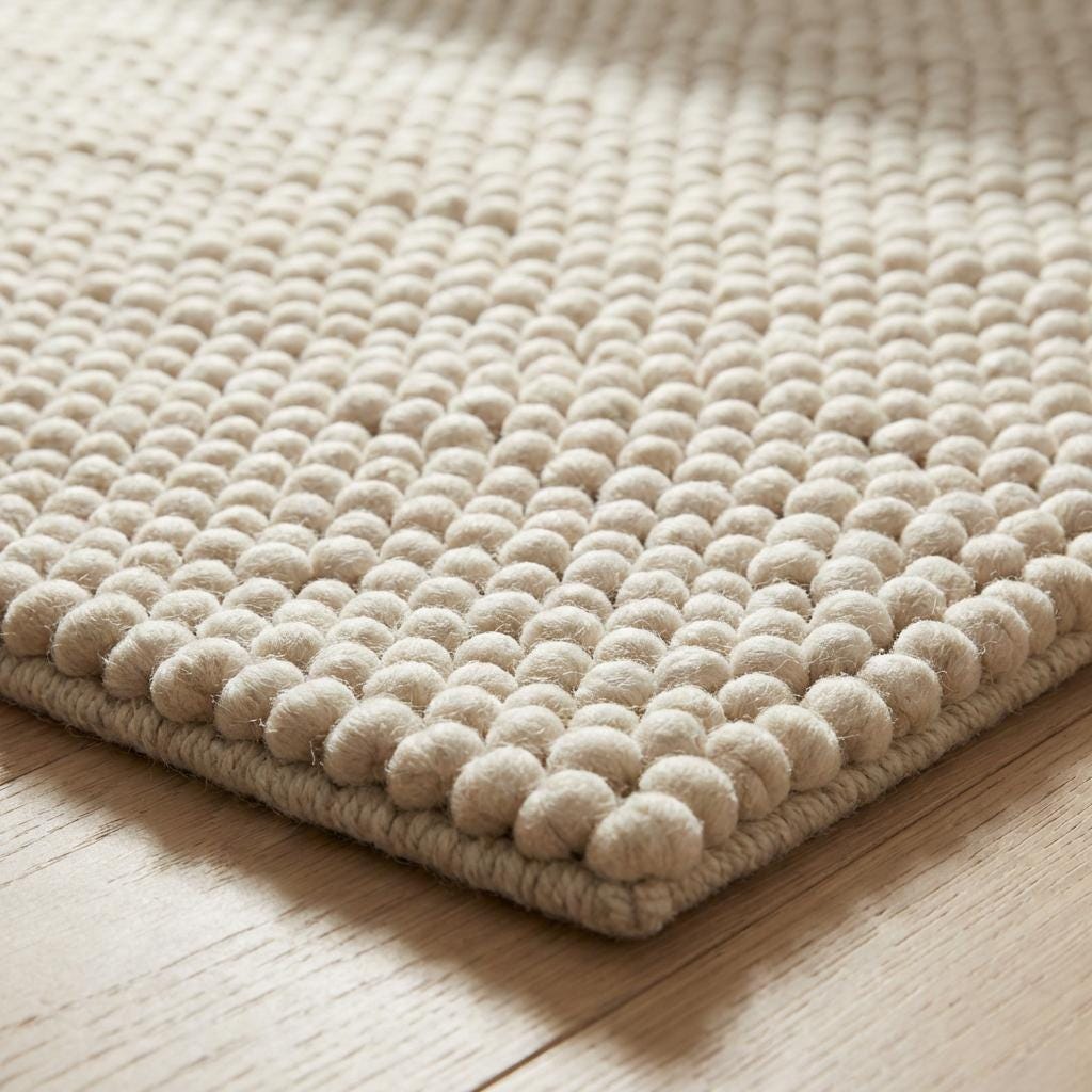 Ivory chunky knit wool rug with thick braided texture and plush softness for cozy neutral interiors