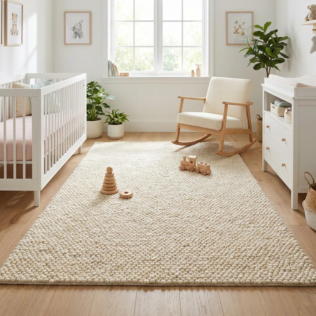 Chunky knit wool rug in ivory with thick handcrafted braided texture for cozy neutral floor decor