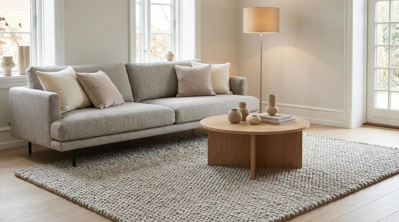 Chunky loop rug in neutral ivory with thick, textured, plush surface for cozy modern living rooms