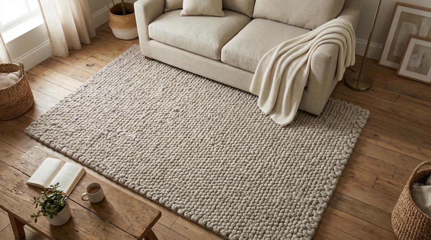 Chunky loop rug in neutral ivory with thick textured soft surface for cozy modern living rooms