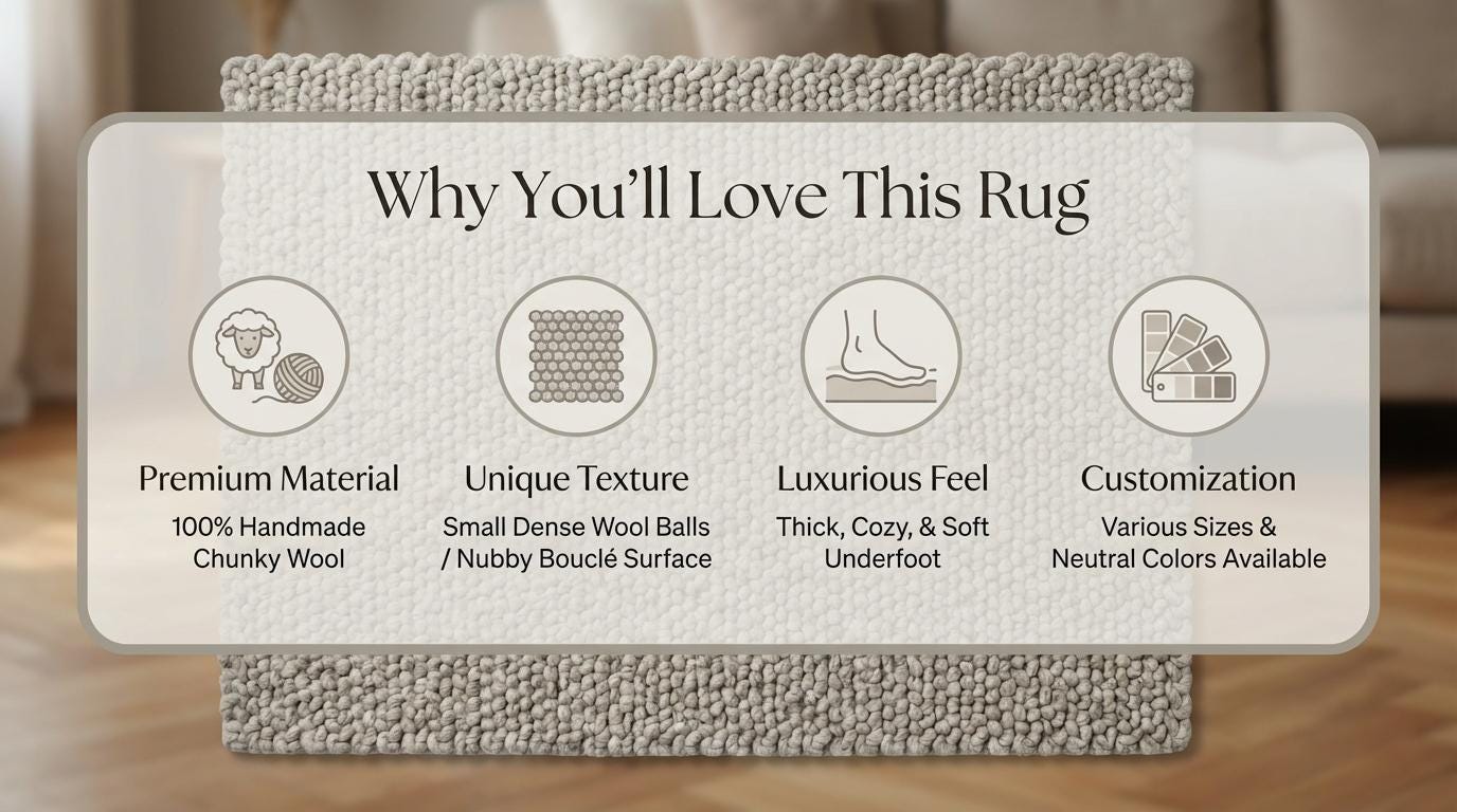 Chunky loop rug in neutral ivory with thick, plush texture for cozy modern living rooms