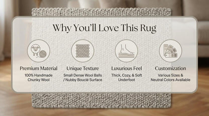 Chunky loop rug in neutral ivory with thick, plush texture for cozy modern living rooms