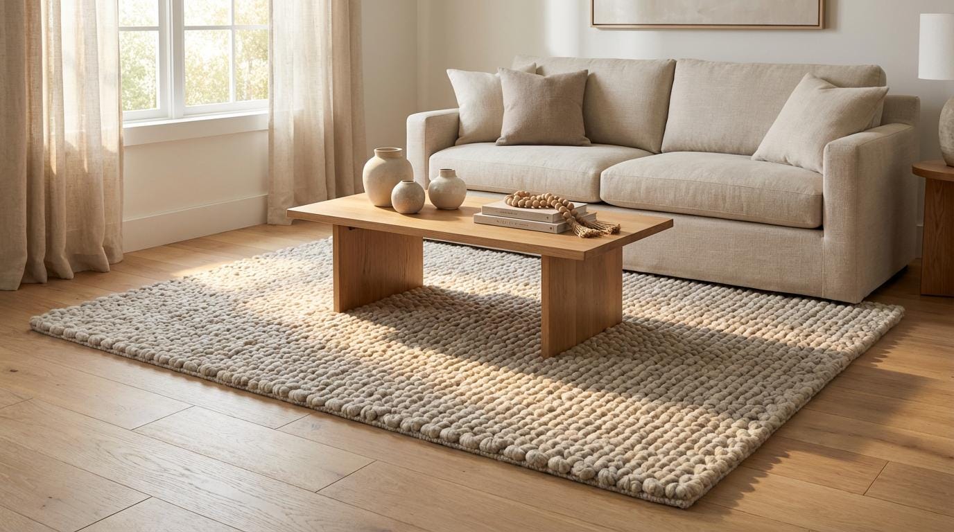 Chunky loop rug in neutral ivory with thick, plush texture for cozy modern living rooms