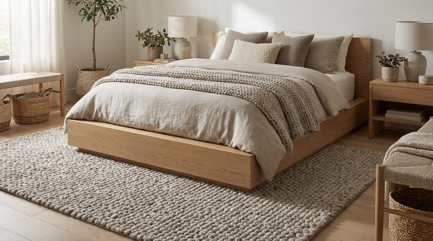 Chunky loop rug in neutral ivory with thick, plush texture for cozy modern living rooms
