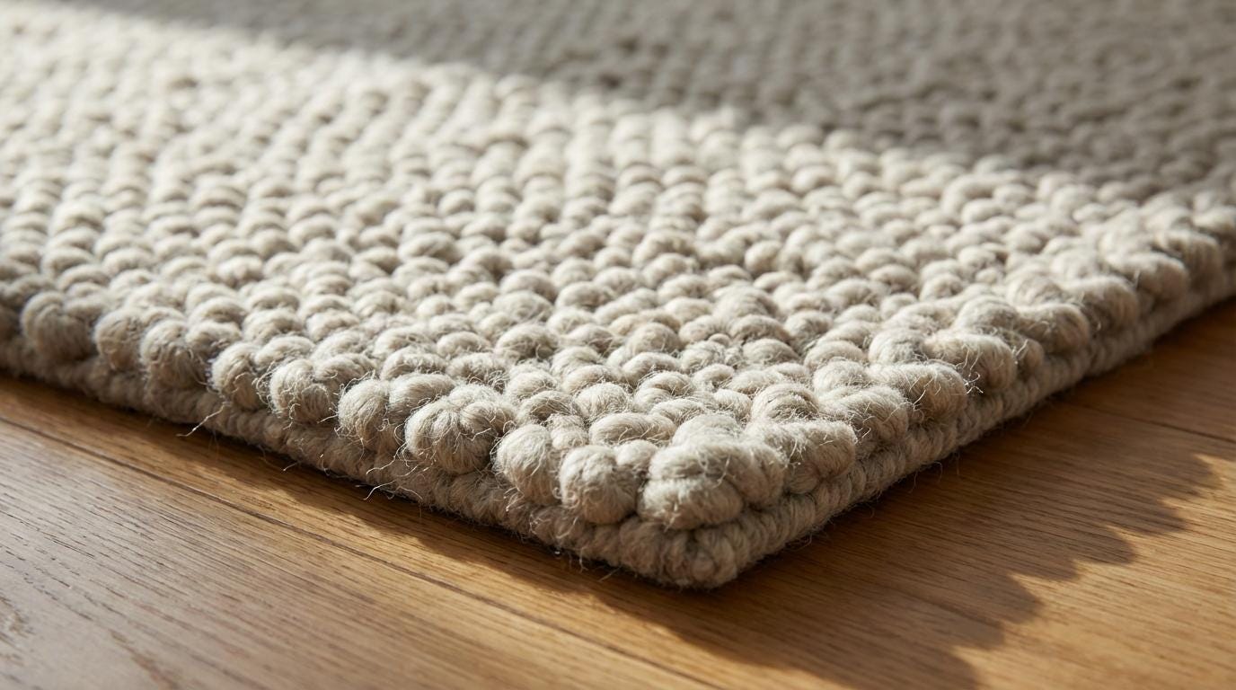 Chunky loop rug in neutral ivory with thick, plush texture for cozy modern living rooms