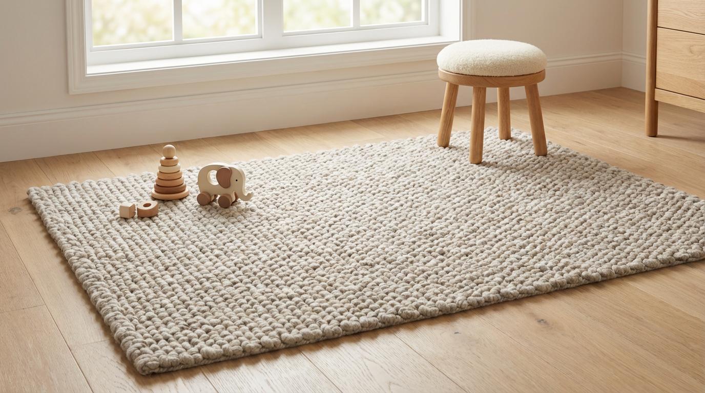 Chunky loop rug in neutral ivory with thick, soft texture for cozy modern living rooms