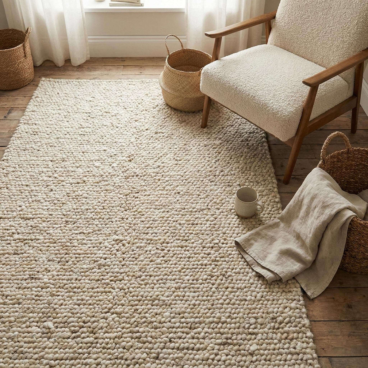 Chunky loop textured area rug in neutral cream with plush, pebble-like surface and handcrafted look for cozy modern interiors