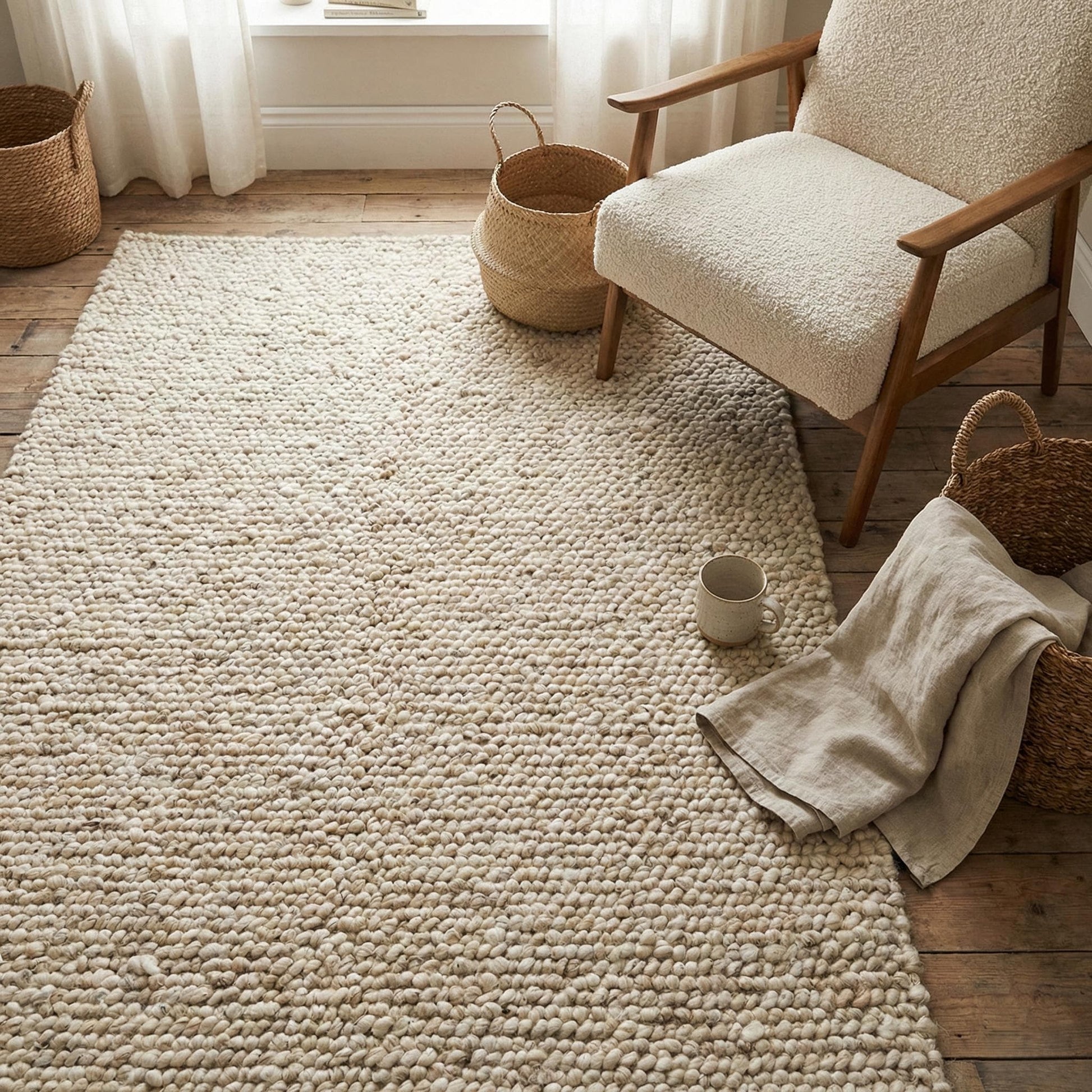 Chunky loop textured area rug in neutral cream with plush, pebble-like surface and handcrafted look for cozy modern interiors