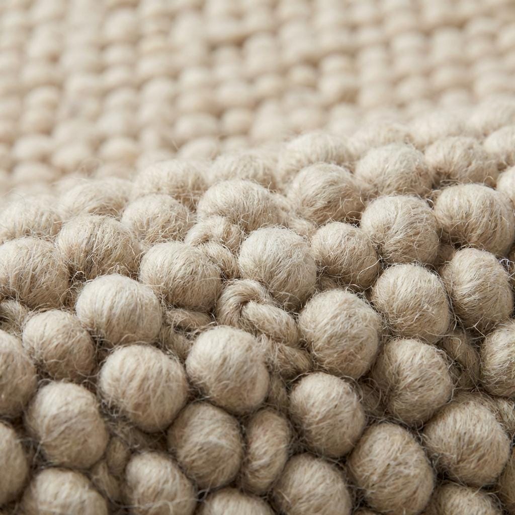 Chunky loop textured cream area rug with plush, nubby surface in modern organic living room setting