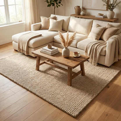Chunky loop textured area rug with plush cream loops and modern organic design in cozy living room setting