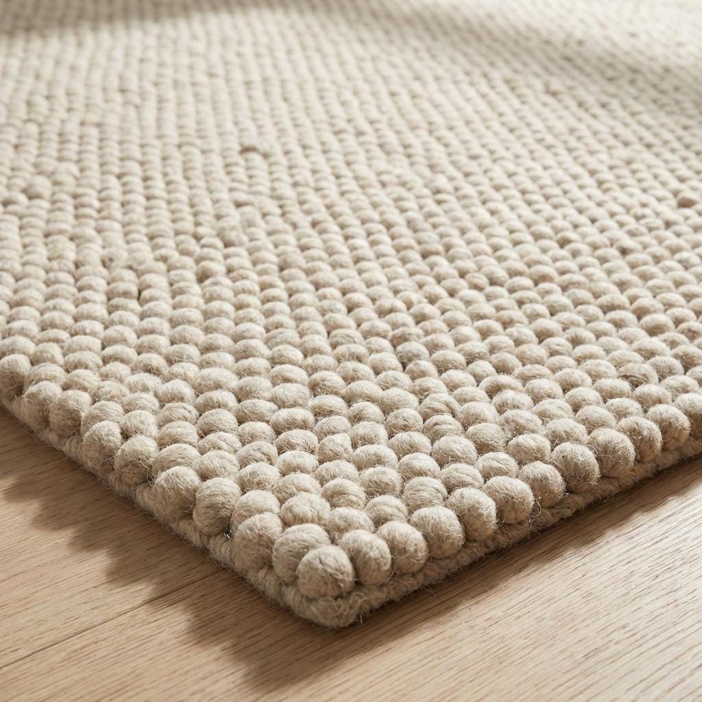 Chunky loop textured area rug in neutral cream with thick, nubby yarn and plush pebble-like surface in modern cozy living room setting