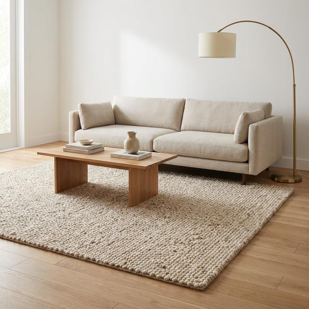Chunky loop textured cream area rug with plush pebble-like surface for cozy modern organic decor