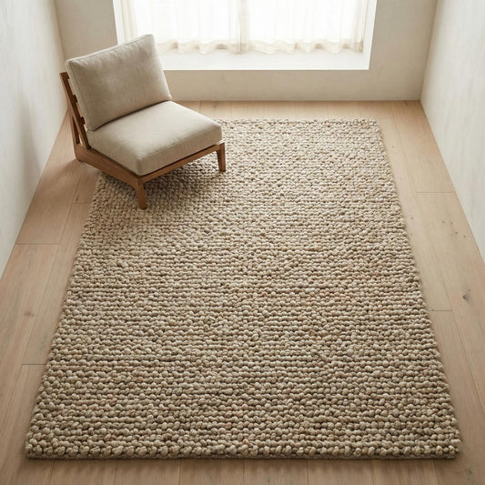 Chunky loop textured area rug in neutral beige with thick, oversized pebble-like loops for cozy modern organic interiors
