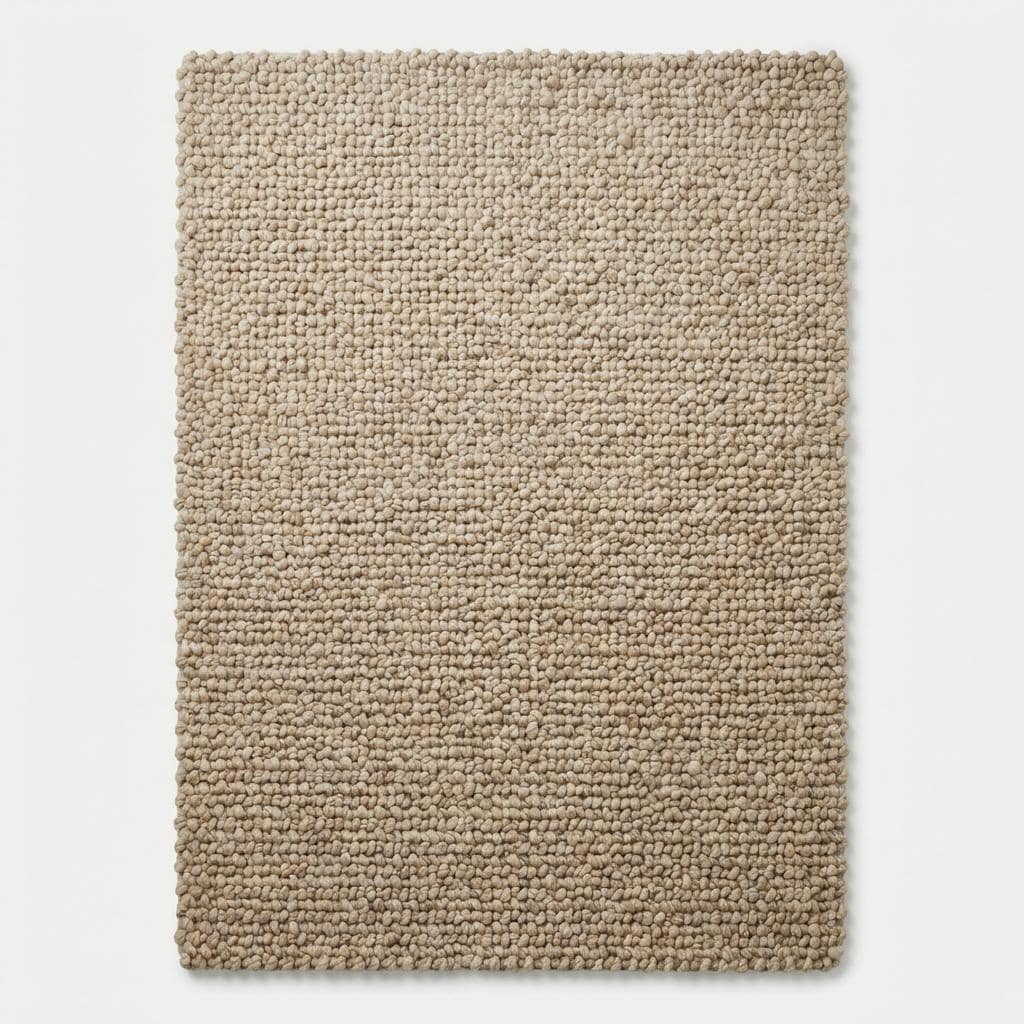 Top-down view of solid chunky textured rectangular beige floor rug