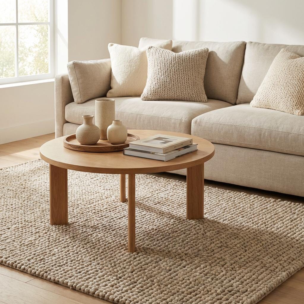 Cozy modern organic room featuring thick neutral loop area rug on light wood flooring