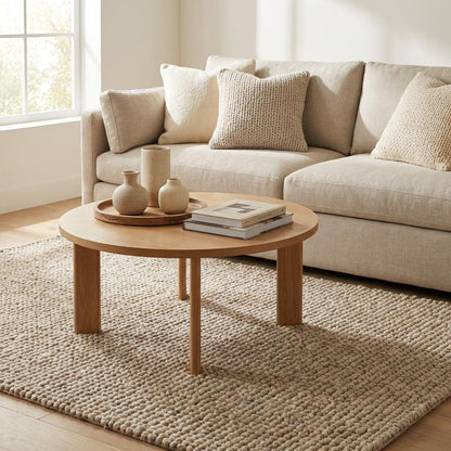 Cozy modern organic room featuring thick neutral loop area rug on light wood flooring