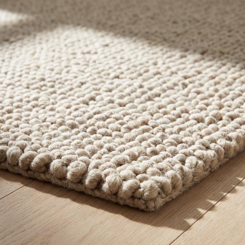 Detailed edge view of dense loop construction in textured beige rug