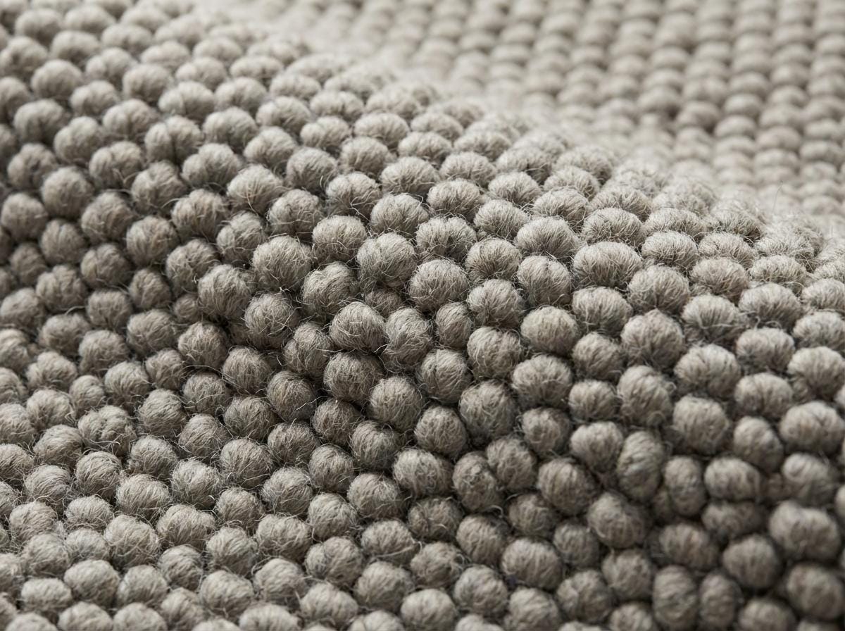 Chunky loop textured neutral area rug with thick yarn in minimalist Scandinavian style for cozy living room