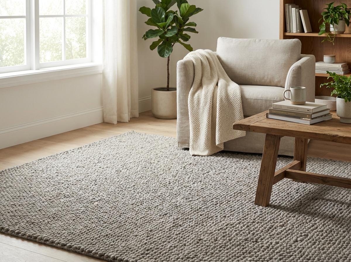 Chunky loop textured neutral rug with thick yarn and Scandinavian minimalist design in cozy living room