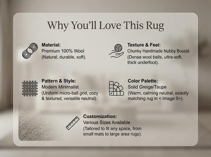 Chunky loop textured neutral rug with thick yarn and cozy Scandinavian design in minimalist living room