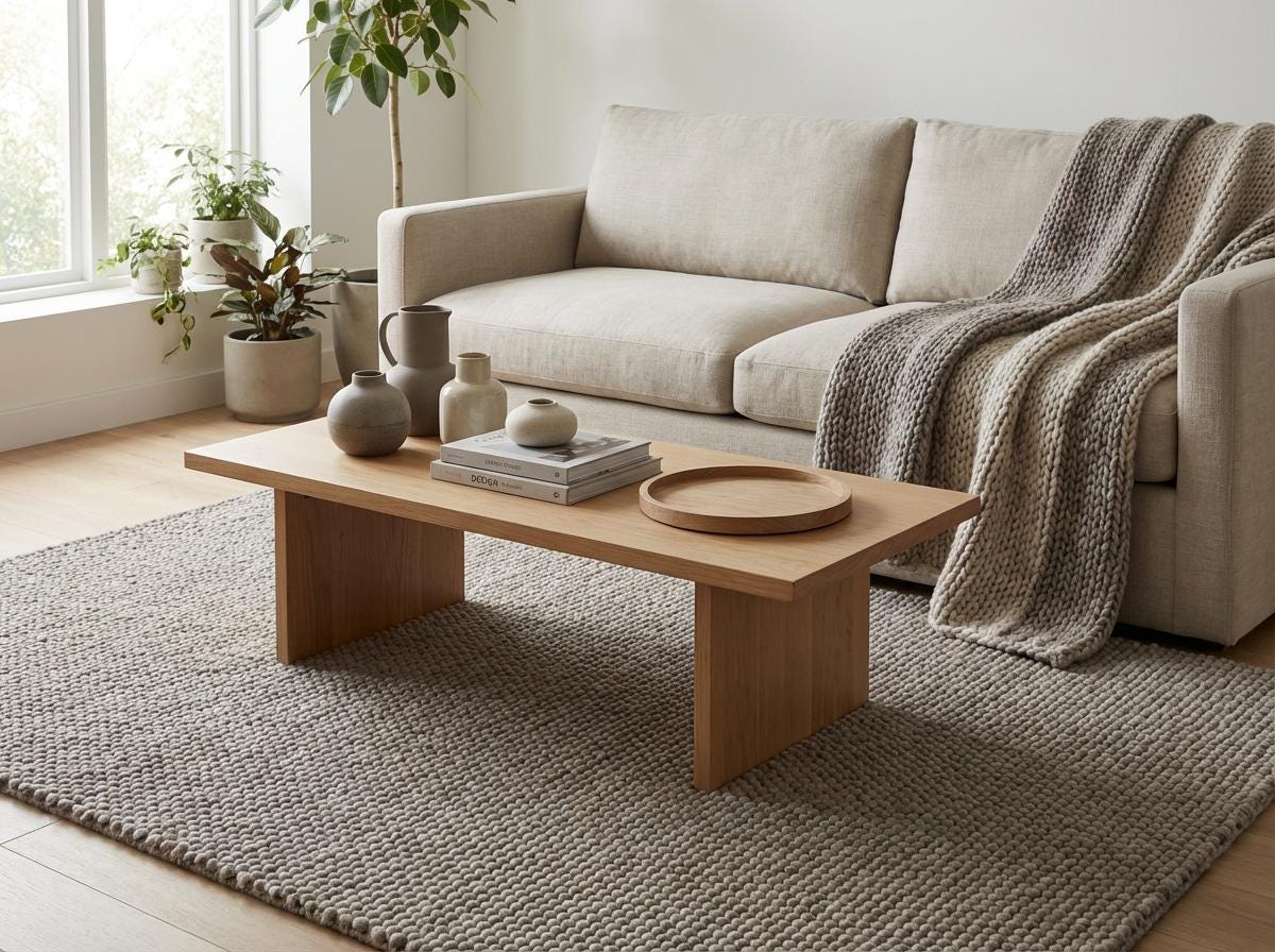 Chunky loop textured neutral rug with thick yarn, cozy Scandinavian style living room decor
