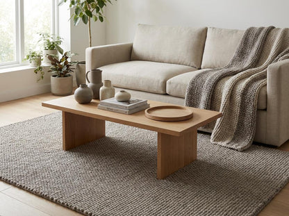 Chunky loop textured neutral rug with thick yarn, cozy Scandinavian style living room decor