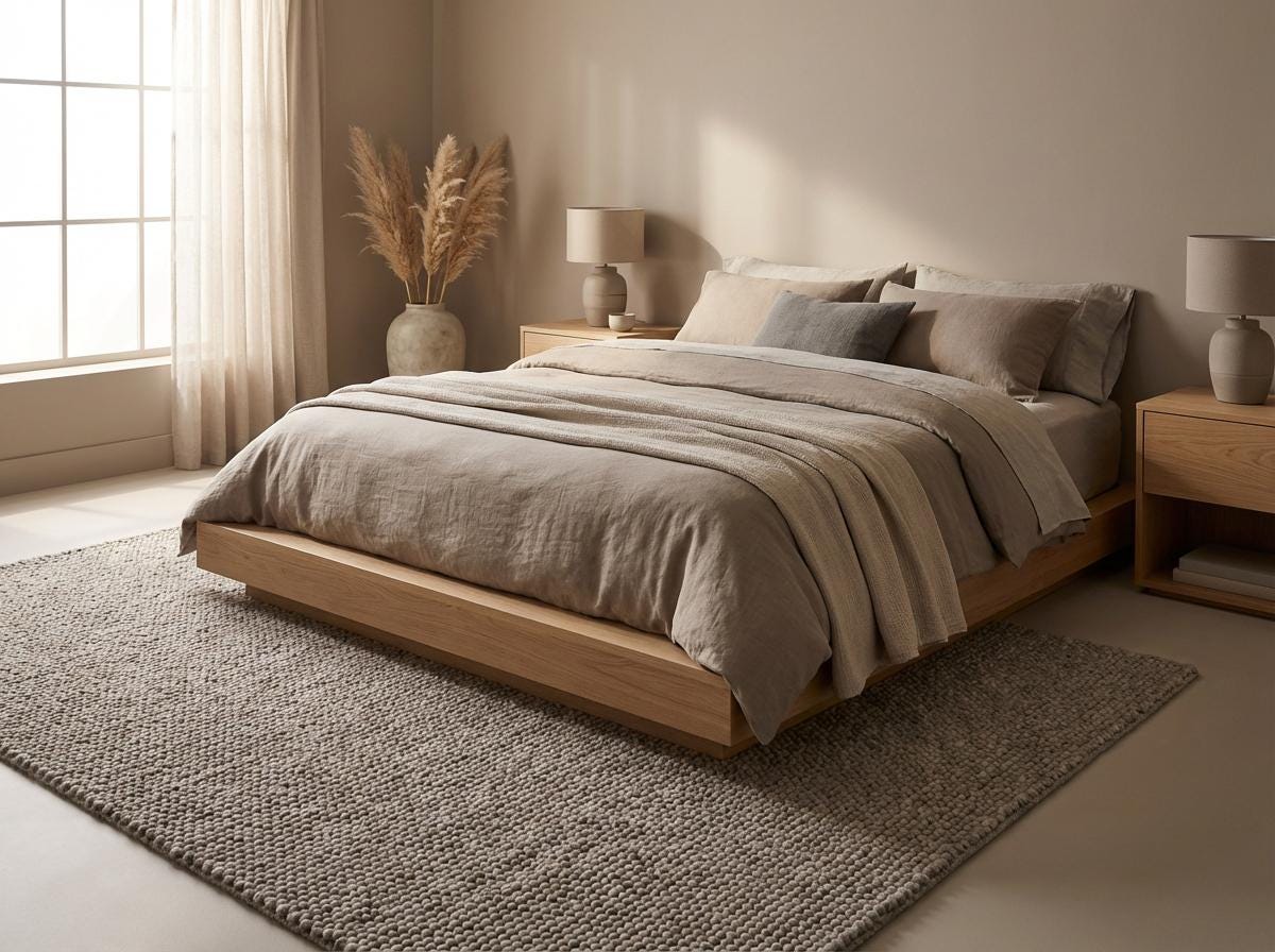 Chunky loop textured neutral rug with thick yarn in cozy Scandinavian living room setting