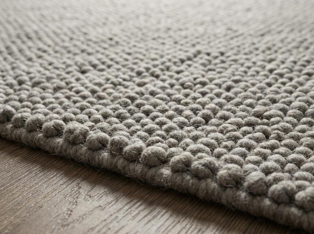 Chunky loop textured neutral rug with thick yarn loops in cozy Scandinavian minimalist living room